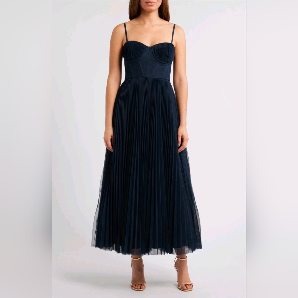 Anthropologie Hutch Amara Corset Pleated Tulle Fit & Flare Midi Dress in Navy